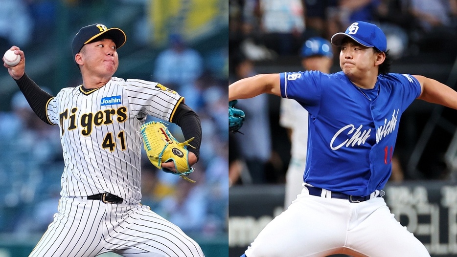 阪神タイガース・村上頌樹と中日ドラゴンズ・小笠原慎之介(C)産経新聞社