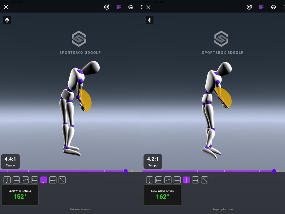 藤田選手(左)と初心者(右)のアバターの比較。インパクトでのと手首の角度が大きくなるほど、打点が安定しづらい。