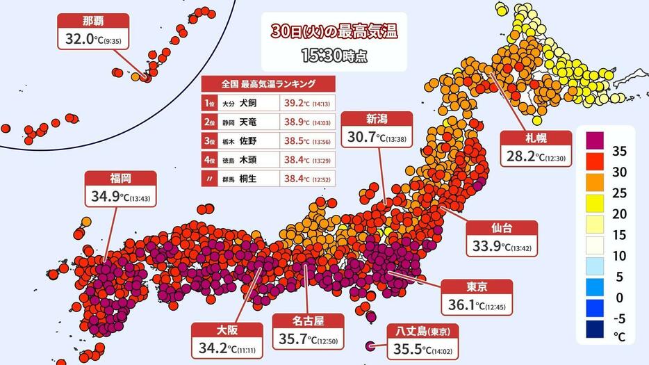 30日(火)午後3時30分までの最高気温