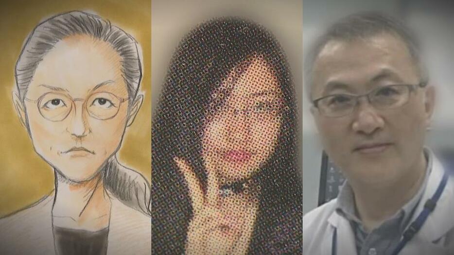 左から浩子被告の廷内スケッチ（初公判時）、瑠奈被告、修被告