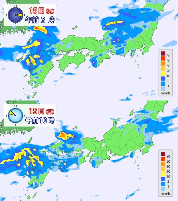 15日(月)午前3時と午前10時の雨の予想