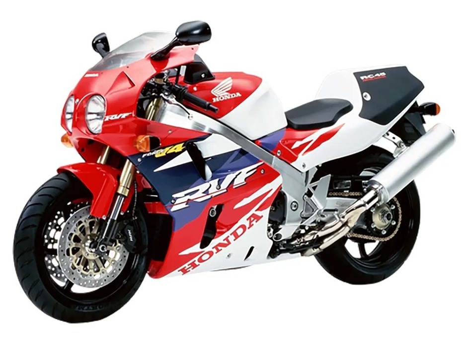 【RVF750(RC45)】■年式：1994年　■販売数：500台＋受注生産＋海外向け　■当時の価格：200万円（北米仕様：27,000＄）　■最大馬力：77馬力＠11,500回転（海外仕様：～120馬力＠12,000回転）