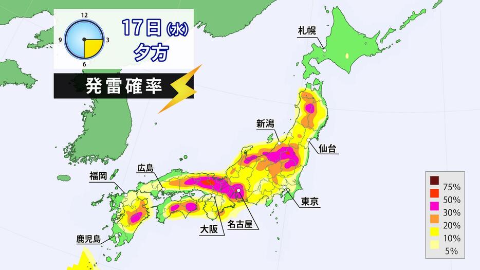 17日(水)夕方の発雷確率