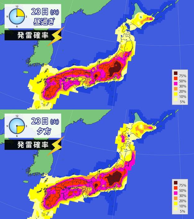 23日(火)昼過ぎと夕方の発雷確率