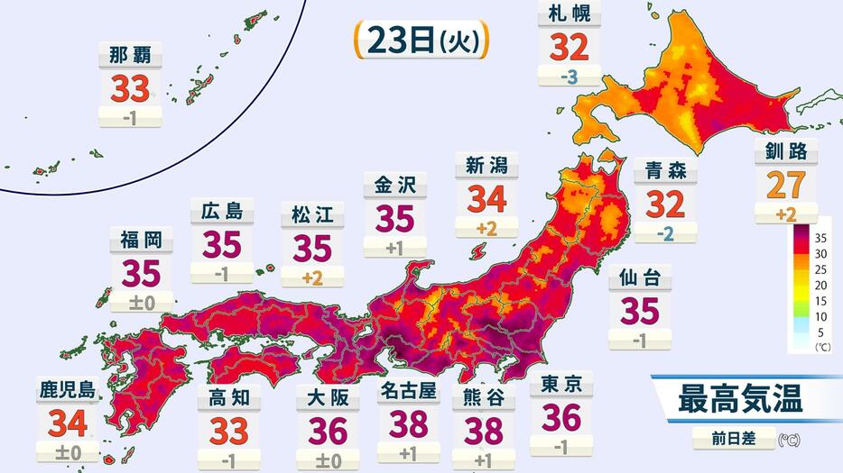 23日(火)の予想最高気温