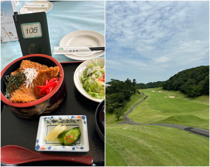 写真左／ヨネックスCCのランチ「たれかつ丼」タレの味がよくしみ込んでいて旨い。写真右／ヨネックスCC、9番パー4、328ヤード