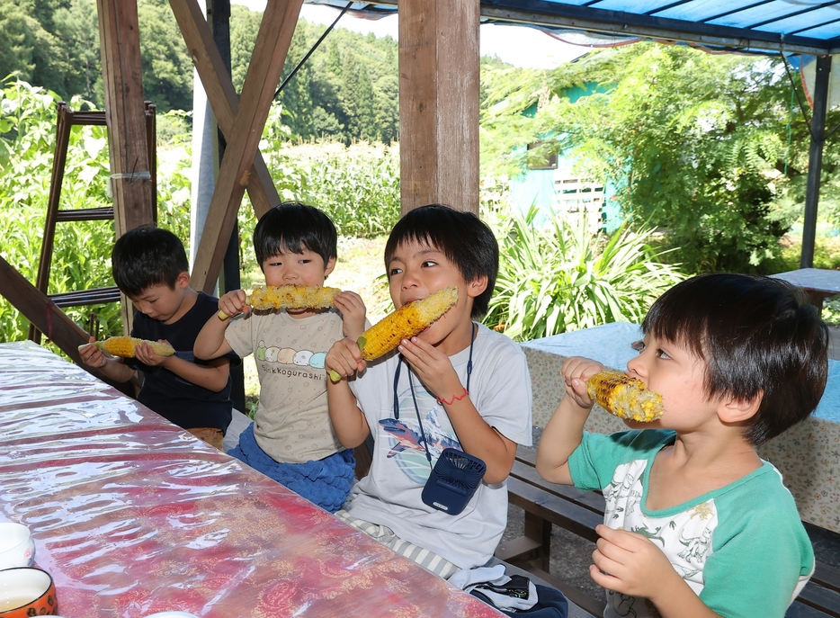 焼きトウモロコシを頬張る子どもたち