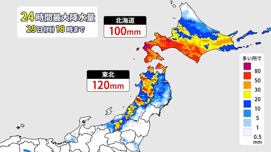 29日(月)夕方までに予想される24時間雨量