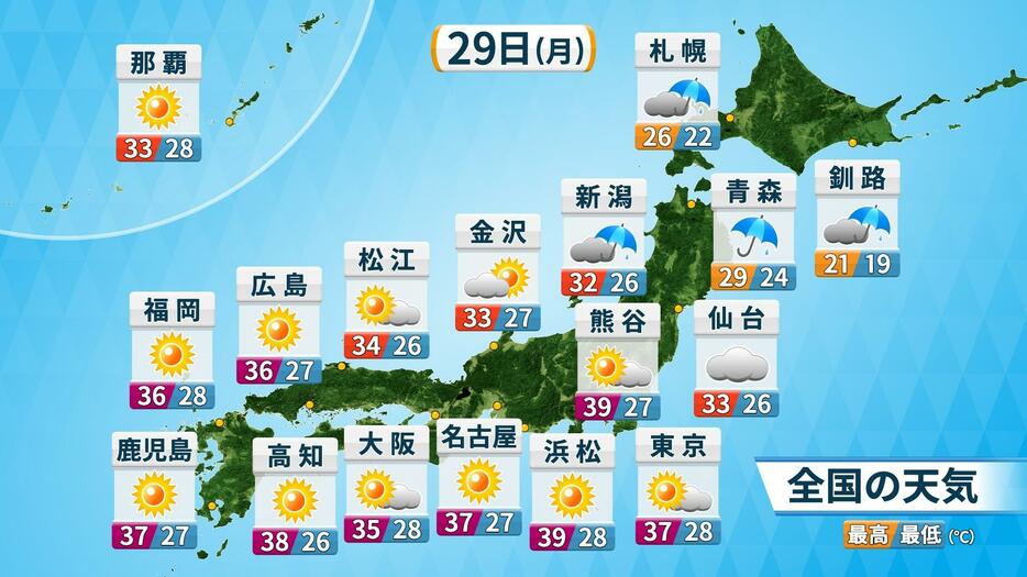 あす29日(月)の天気・気温の予想