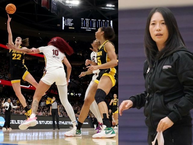 左：史上初めて視聴者数が男子決勝を上回ったNCAA女子決勝。右：NCAA2部ウェストミンスター大で女子バスケチームのヘッドコーチを務める森田麻文（39歳） photograph by L：Getty Images ／R：Asami Morita