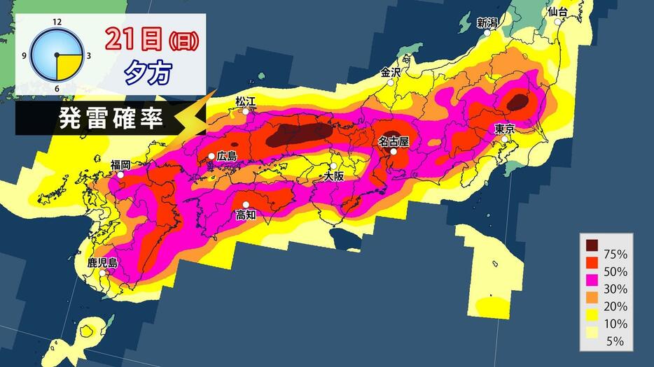 21日(日)夕方の発雷確率