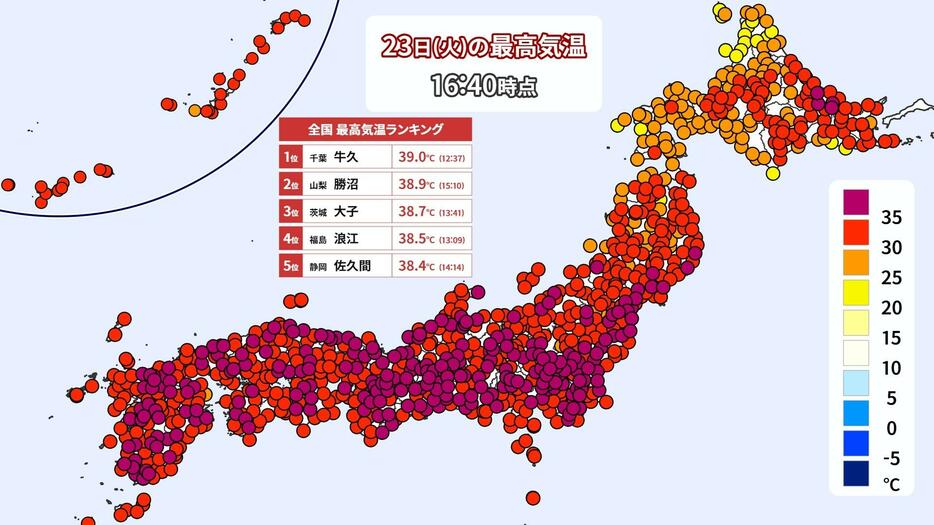 23日(火)の最高気温(午後4時40分まで)