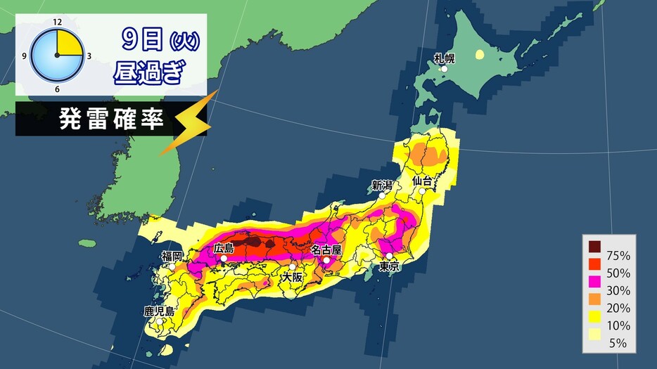 9日(火)昼過ぎの発雷確率