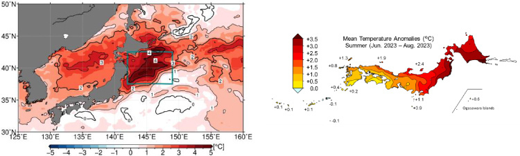 左は2023年夏（6～8月）の平均の海面水温を1991～2020年の平均と比べた平年差、右は23年夏の気温の平年差を、それぞれ表した図（気象庁や東京大学などの研究グループ提供）