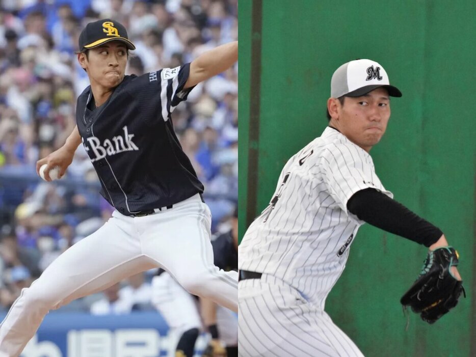 ソフトバンク・大山凌(C)Kyodo News、ロッテ・高野脩汰（撮影＝岩下雄太）