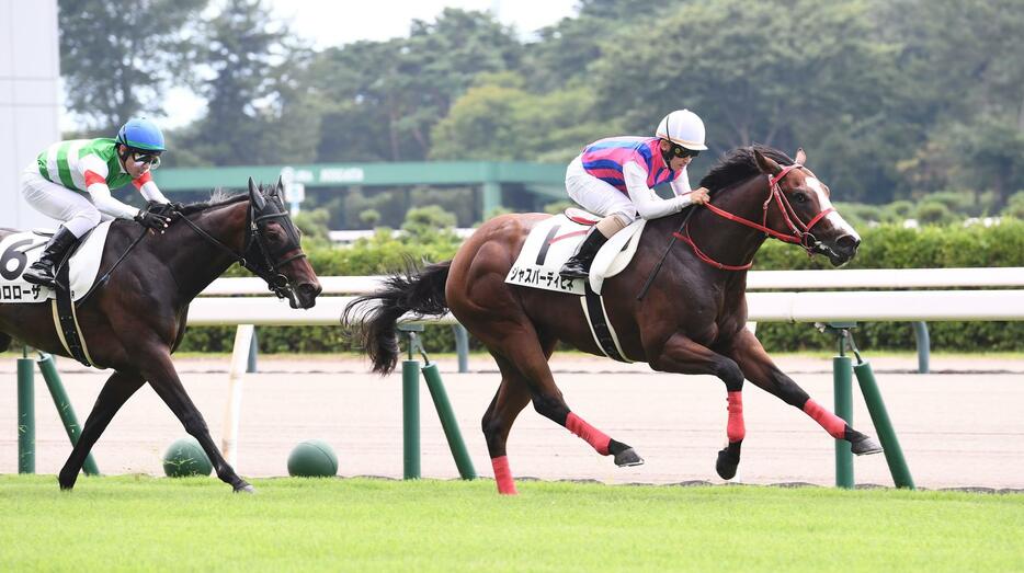 　２歳新馬戦を制したジャスパーディビネ（右）＝撮影・園田高夫