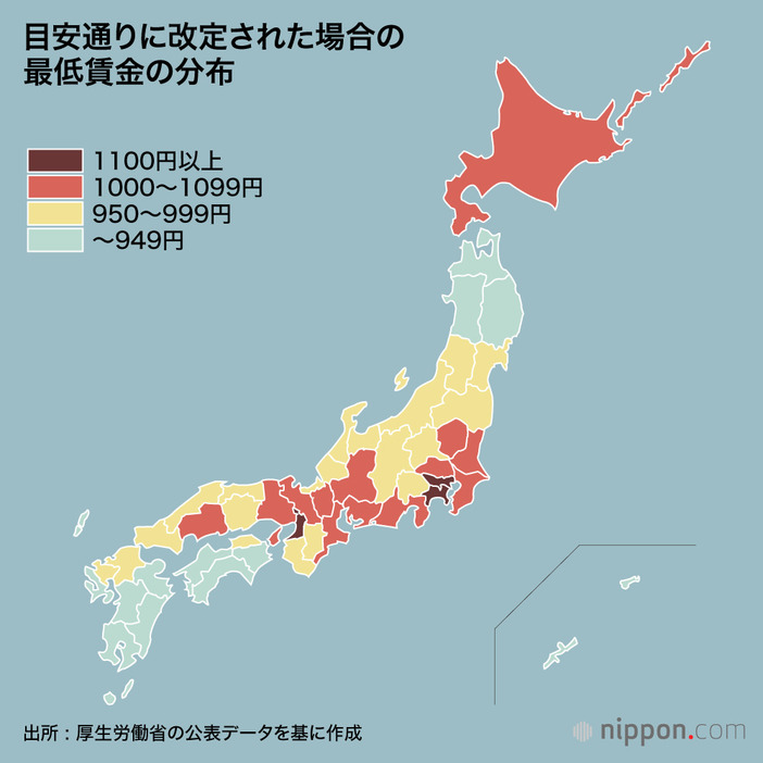 目安通りに改定された場合の最低賃金の分布