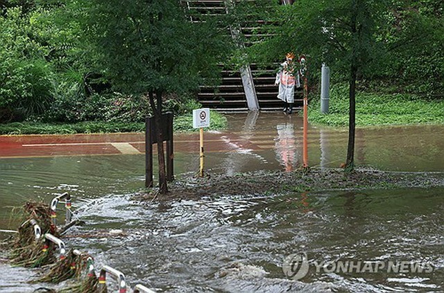 冠水したソウル市内の散策路＝17日、ソウル（聯合ニュース）