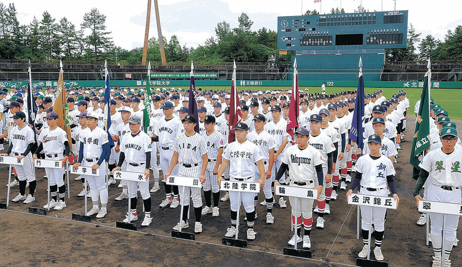 開会式で整列する各校の選手＝金沢市の石川県立野球場