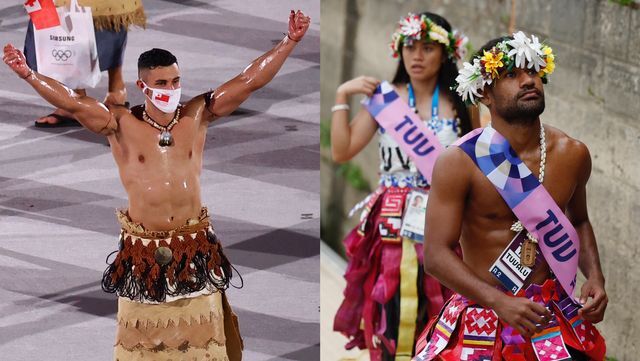 東京五輪で上裸で登場したトンガ代表のピタ・タウファトファ選手とパリ五輪で上裸で登場したツバルの選手(写真:ロイター/アフロ)