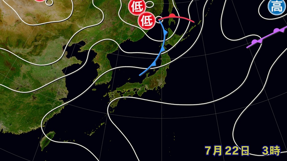 22日(月)午前3時の実況天気図