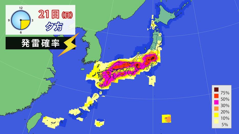 21日(日)夕方の発雷確率