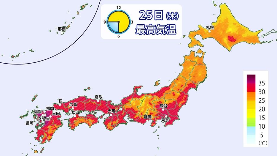 25日(木)の予想最高気温の分布