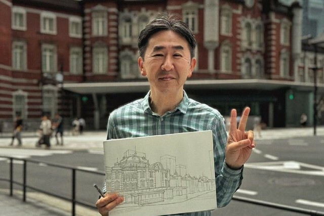 東京駅丸の内駅舎（北口）をスケッチ（画像提供：久保田さん）