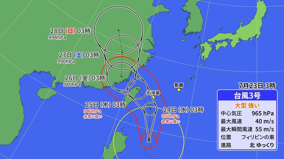 23日(火)午前3時の台風3号の位置と予想進路