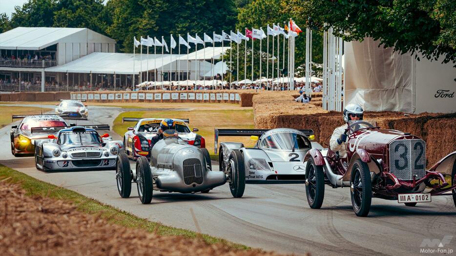 Goodwood Festival of Speed 2024, historic parade of Mercedes-Benz on the hill climb circuit to mark "130 years of motors...