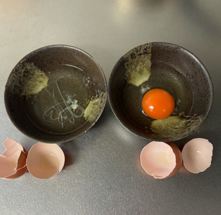 殻を割ると黄身が入っていなかった”激レア卵”（左）。右の卵の中にはしっかりと黄身が入っていた