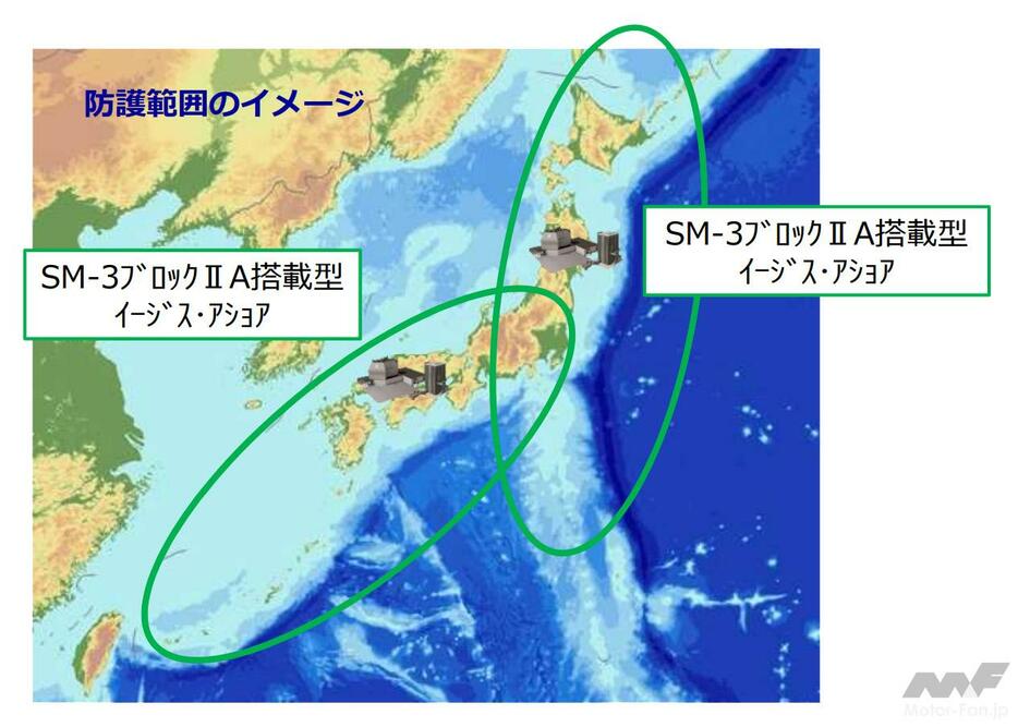 北朝鮮の弾道ミサイルから日本を守るため、地上配備型の防空ミサイル「イージス・アショア」2基で日本全土をカバーすることが計画された。（防衛省資料より抜粋）