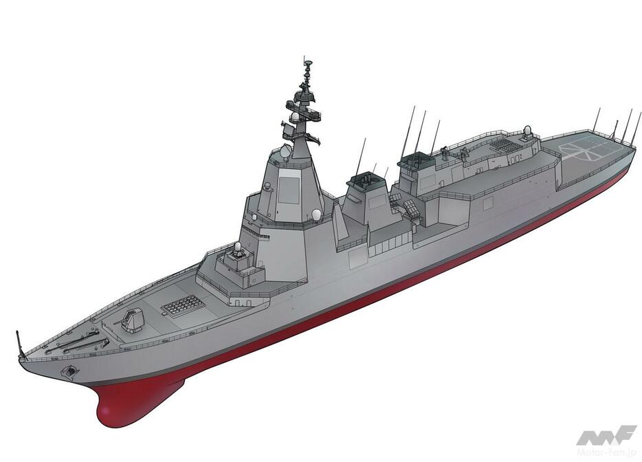 以前の「イージス・システム搭載艦」イメージイラスト（防衛省資料などから作画。『自衛隊新戦力図鑑2024』に掲載）。今回公開されたイラストと見比べてほしい。（イラスト/サンクマ）