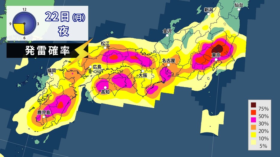 22日(月)夜の発雷確率