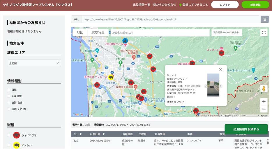 秋田県内のクマ出没情報を地図に表示する新システム「クマダス」のトップページ