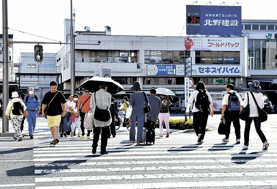 強い日差しの中、日傘を差して歩く人たち（22日午後4時47分、松本駅前）