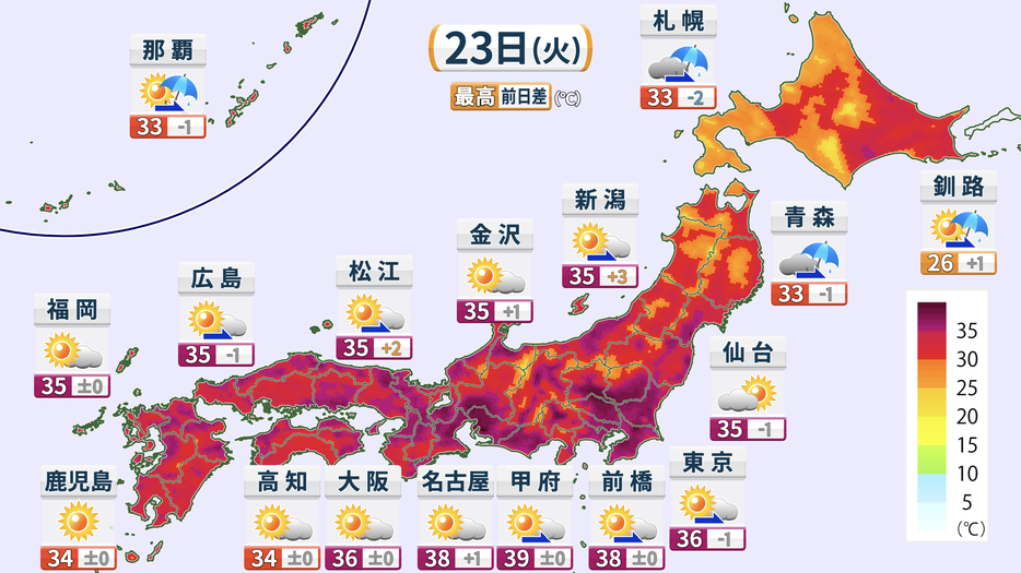 23日(火)の天気と予想最高気温の分布