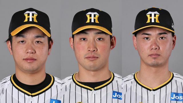 左から阪神・高橋遥人投手、佐藤蓮投手、川原陸投手