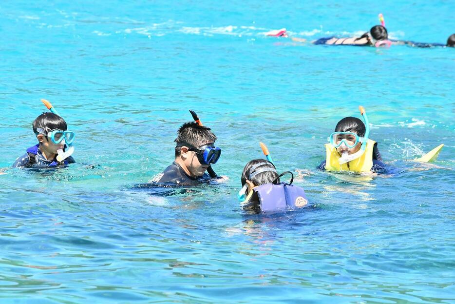 〝嘉鉄ブルー〟と称される海でシュノーケリングを楽しむ海の子留学生ら＝6日、鹿児島県瀬戸内町