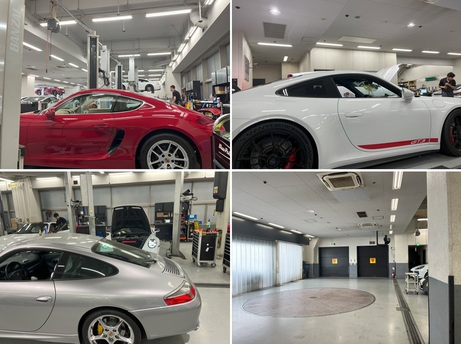 水冷になった頃の911などスポーツカーシリーズが沢山入庫中でした。3～4階のワークショップは空調設備が整っています。