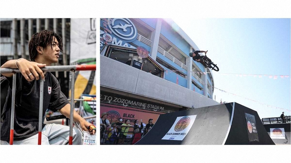 溝垣丈司選手の写真と昨年実施された「BMXフリースタイル・パーク」のパフォーマンス画像（球団提供）