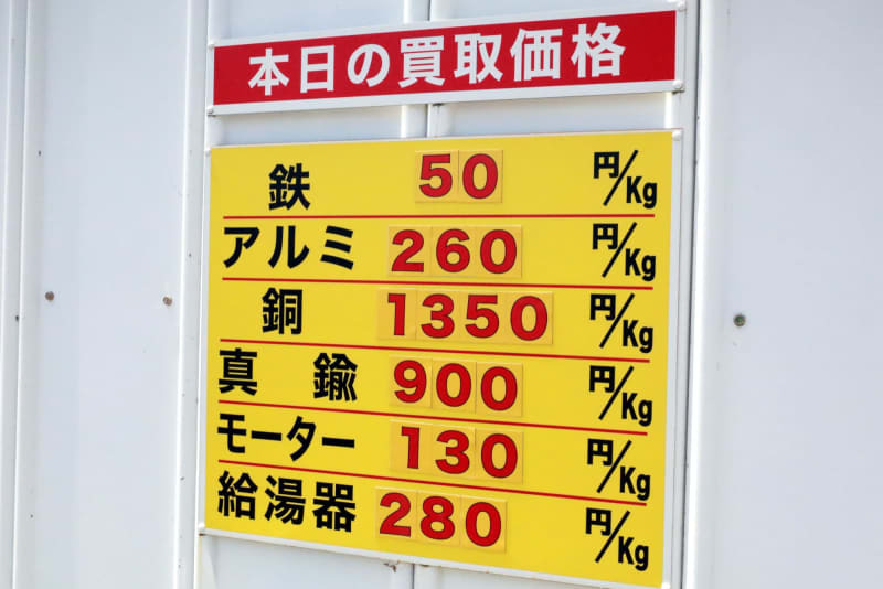 買い取り業者の営業所に掲示されている金属価格表、銅値が高い＝２０２４年５月、茨城県筑西市