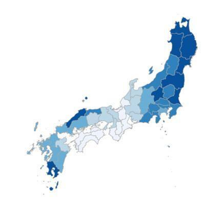 都府県別「縄文人度合」。色が濃いほど度合いが高いことを示す（東京大学の研究グループ提供）