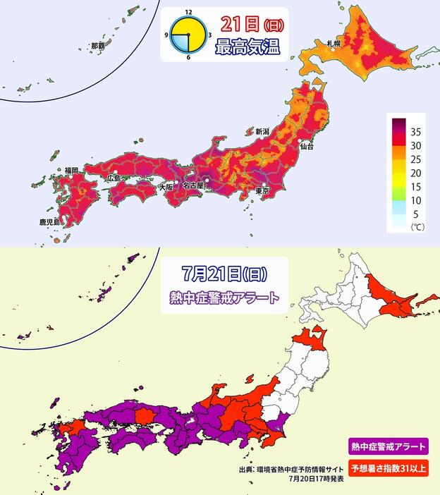 上：21日(日)の予想最高気温の分布／下：21日(日)の熱中症警戒アラート発表地域