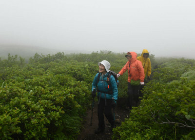 霧が立ち込め、強風の中で歩みを進める登山者＝１日、岩手山