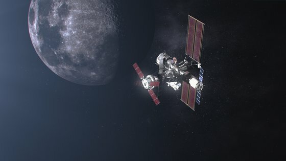 アルテミス計画に基づき月の軌道に投入する予定の国際宇宙ステーション兼深宇宙前哨基地「ゲートウェイ」の想像図。　［写真　ＮＡＳＡ］