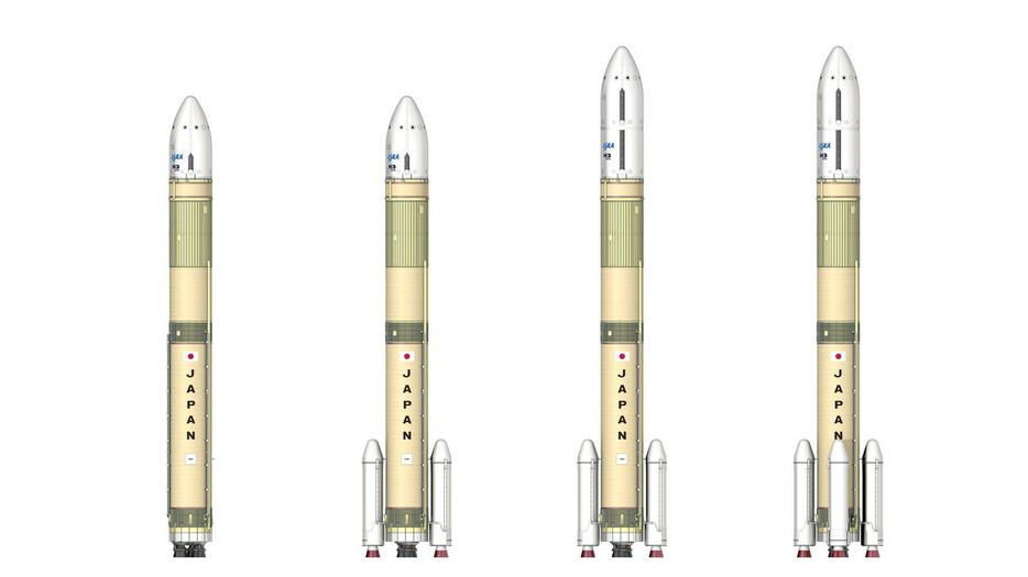 Ｈ３ロケットは打ち上げる衛星の大きさに応じて液体燃料エンジンや固体燃料補助ロケットの数が変化。１～３号機は左から２番目で２基ずつある形態（ＪＡＸＡ提供）
