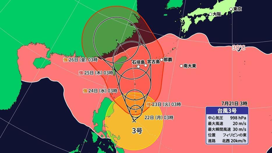 台風3号の予想進路図と海面水温