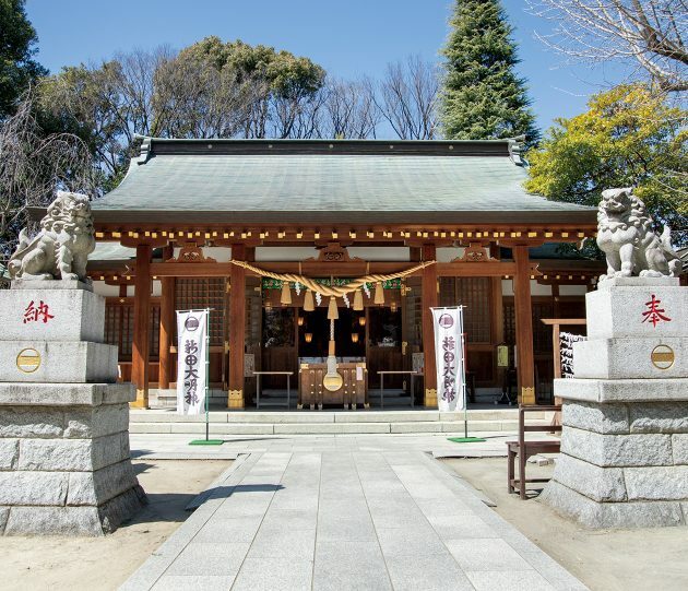 社殿全景。左手奥に新田義興公を埋葬した塚と、かつて祭礼の日に若者が持ち上げて競った力石、卓球台がある。