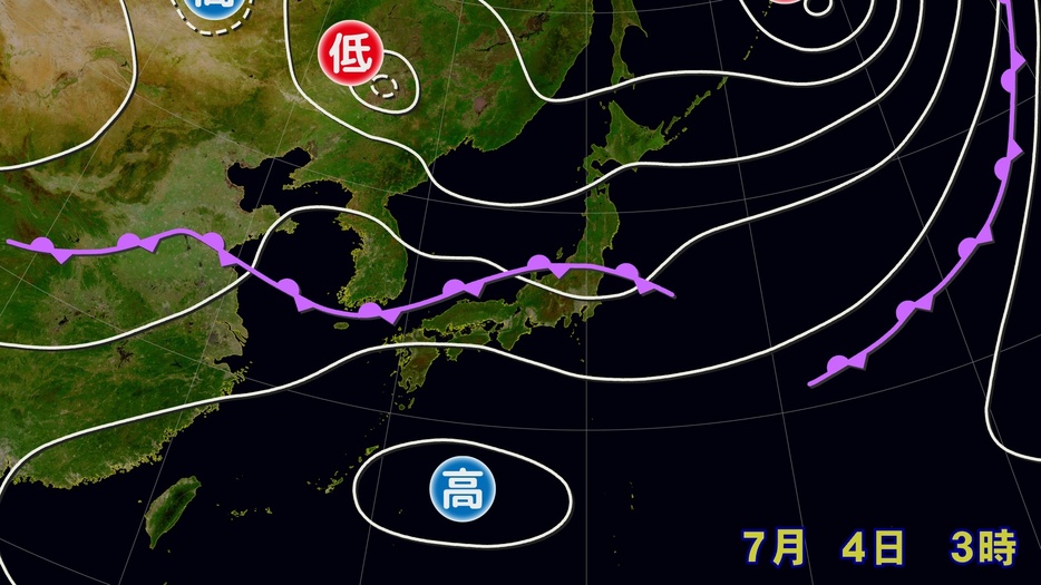 4日(木)午前3時の実況天気図